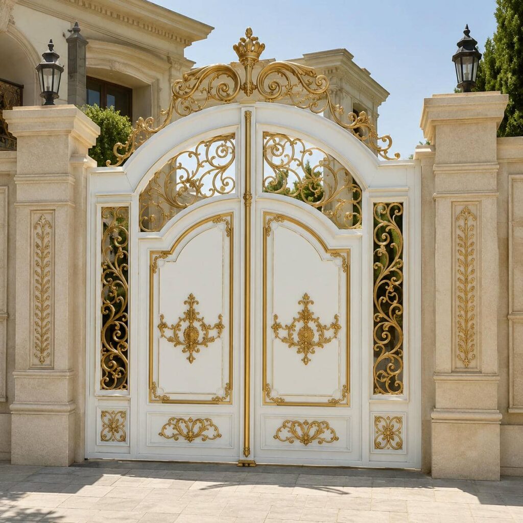 ساخت درب حیاط سفید طلایی با خطوط هندسی در ساری