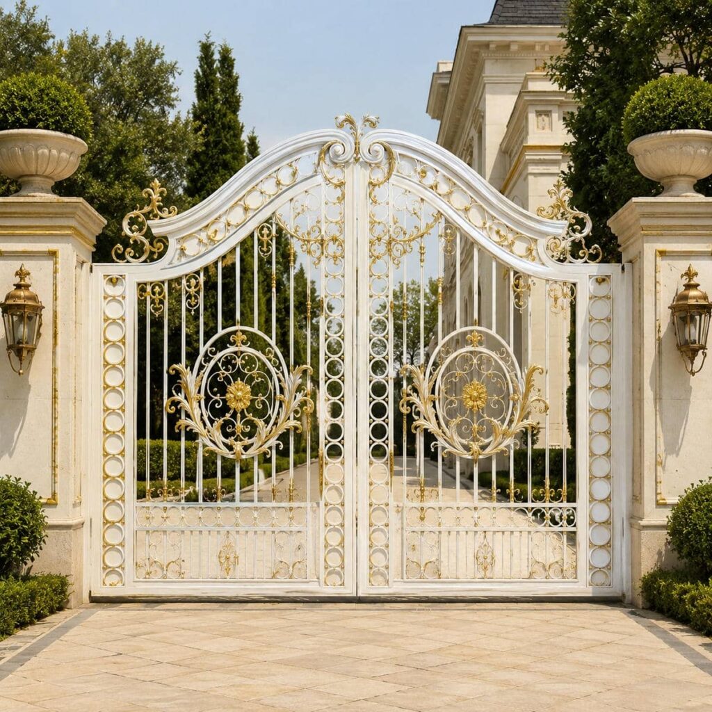 نصب درب حیاط سفید طلایی دو لنگه در ساری