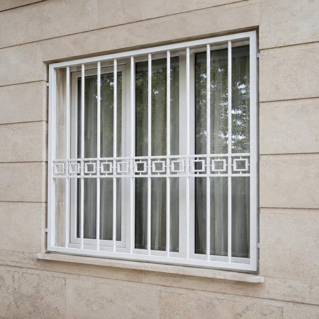 اجرای گارد پنجره سفید طلایی نمای سنگ با طرح هندسی در ساری